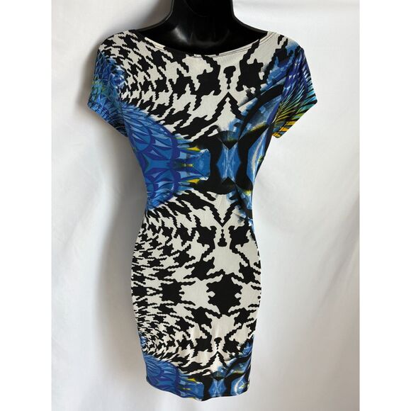 J Y2K Houndstooth Mini Bodycon Dress Size S Blue 2000s Floral Abstract Date Cute - Picture 5 of 9